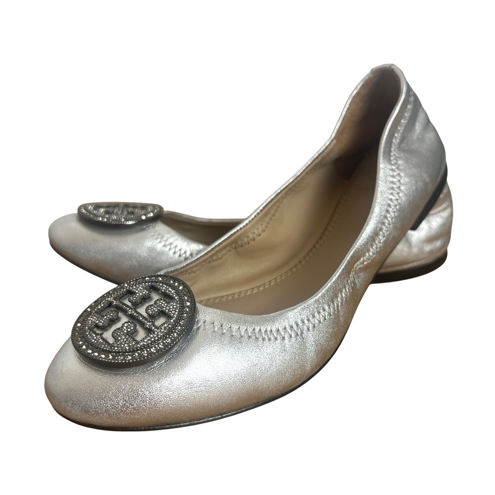 Tory Burch Silver Metallic Leather Pave Sparkle‎ Logo Liana Ballet Flats 5M